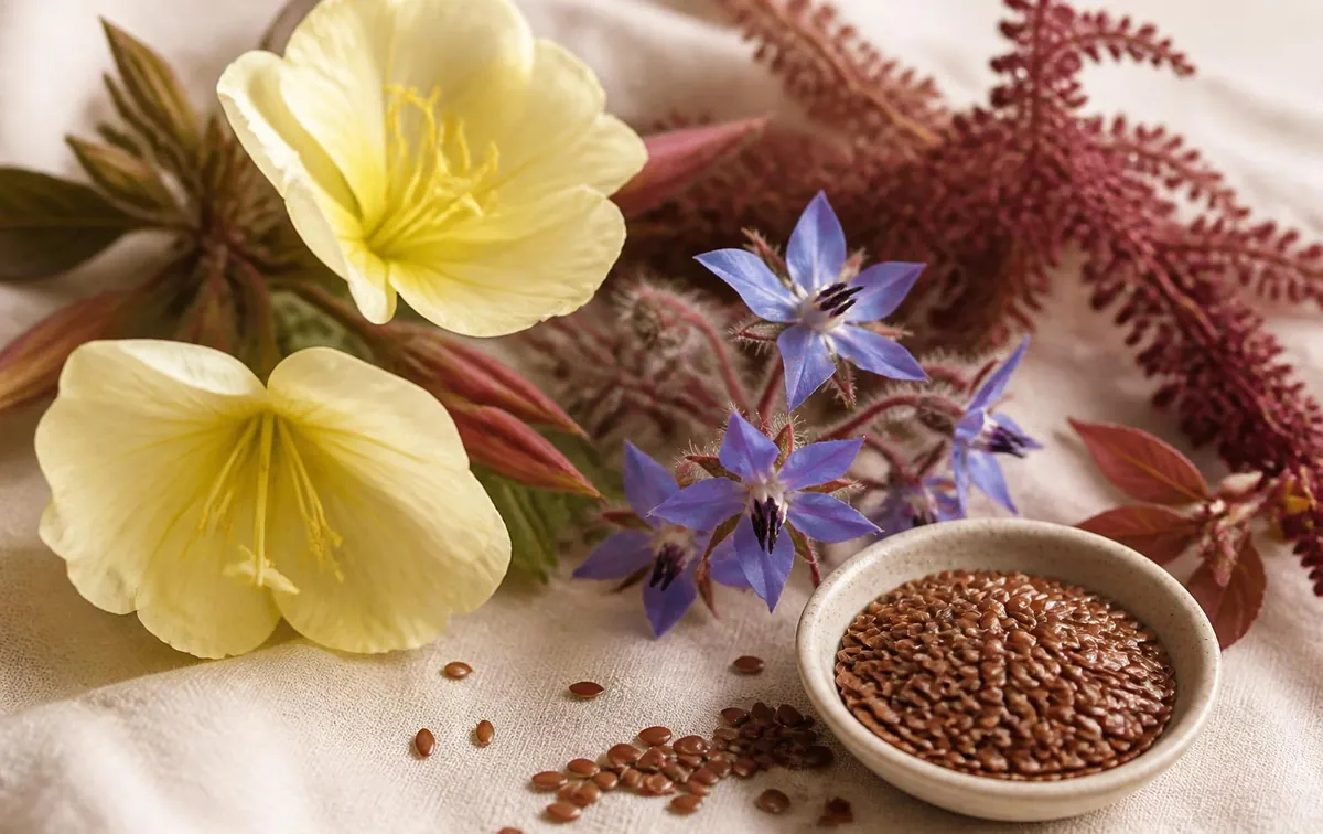 Flores de prímula, borragem e semente de linhaça